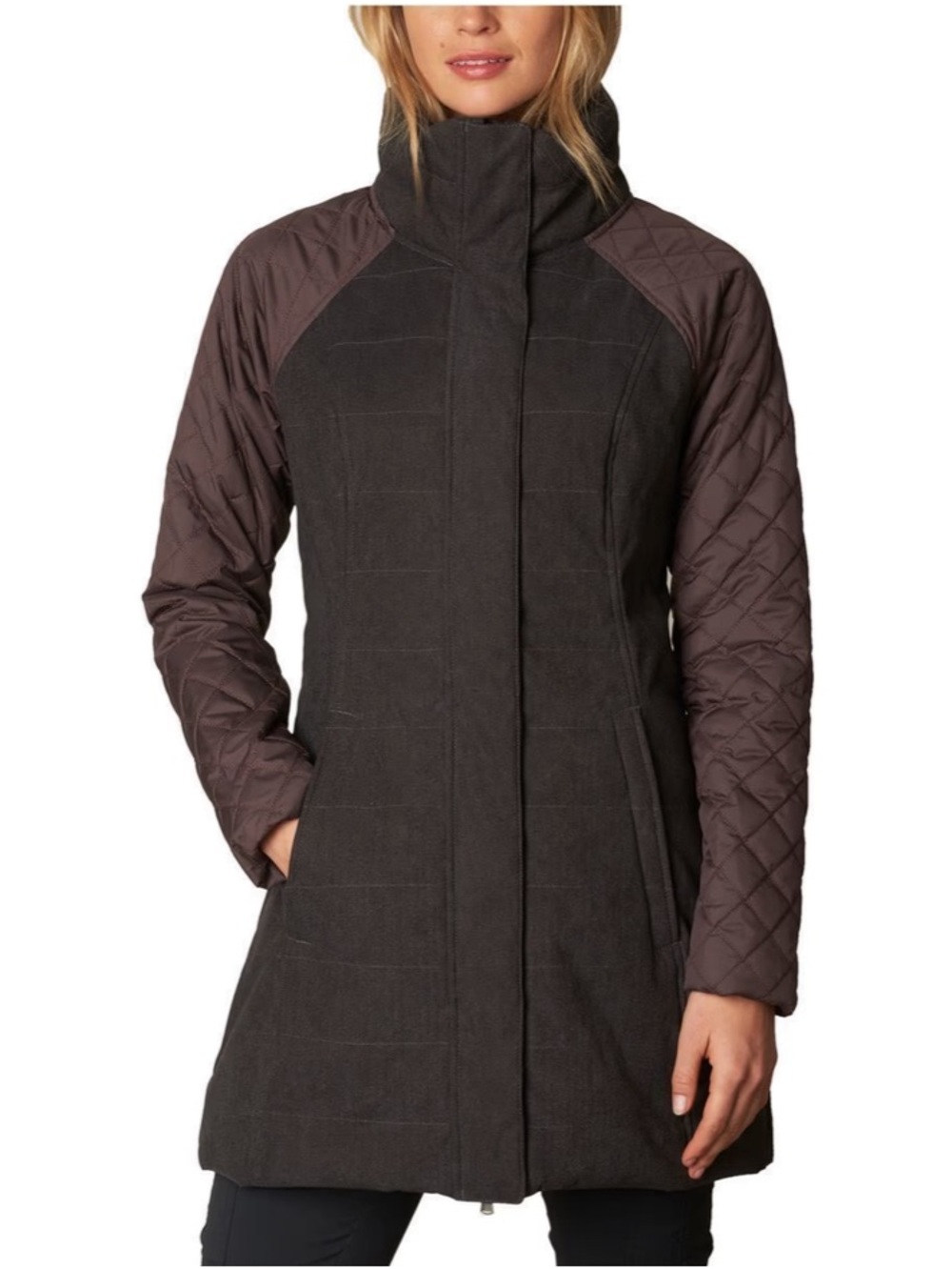 Prana Quilted Plum Sleeve Mid-Length Coat with Charcoal Body